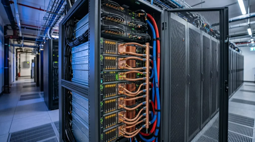 CAN Bus telemetry inside an NVIDIA GB200 NVL72 AI data center rack dissipating 120 kW, where air cooling's 30 kW ceiling forces direct-to-chip liquid cooling and CAN-based CDU integration.