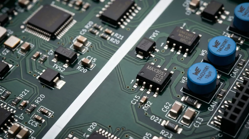 Close-up of an industrial control board showing MAX3051 CAN transceiver, TVS1/TVS2 surge suppressors and common mode chokes that protect the differential pair against 24V transients and lightning surge