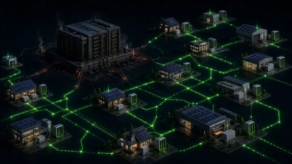 A failing centralized data center with severed red connections beside a resilient distributed network of solar-powered homes and buildings linked by green energy lines