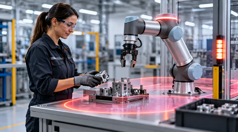 Worker sharing a workstation with a collaborative robot inside a marked safety zone