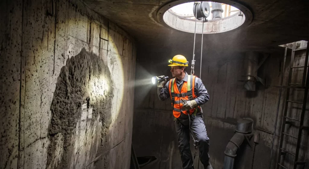 Worker in a harness suspended inside a concrete silo, inspecting bridged material caked onto the wall with a flashlight during a permit-required confined space cleanout