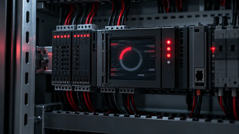 Industrial controller in a cabinet with a frozen display and red fault indicators