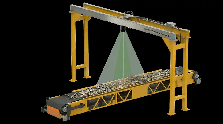 LiDAR system mounted over a conveyor belt measuring material flow rate in real time