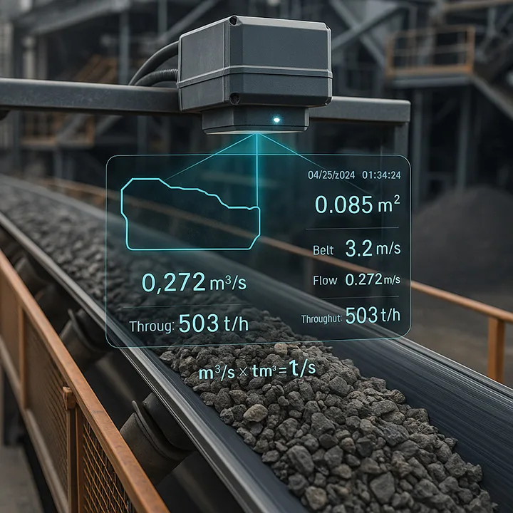 Conveyor belt carrying coal or aggregate with digital overlay showing 503 tons per hour throughput, 3.2 m/s belt speed, and 0.085 square meter cross-section measurement