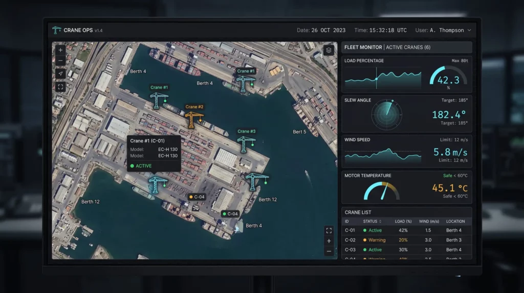 Crane fleet management dashboard showing live load percentage, slew angle, wind speed and motor temperature telemetry from multiple port cranes — the kind of condition monitoring data density enabled by smart CAN FD nodes
