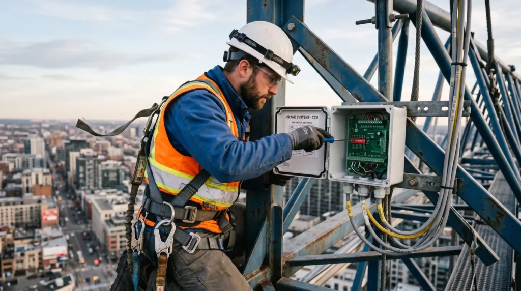 Field technician at height swapping an ICL8-WC182 control board enclosure on a crane lattice — DIP switch address selection lets the unit come back online without firmware recompilation