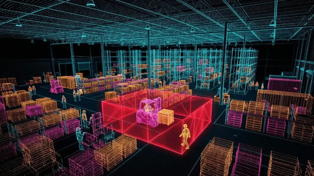 Cratus edge-AI 3D LiDAR point cloud of a warehouse showing a dynamic red danger zone tracking a moving forklift and detected pedestrians to prevent accidents.