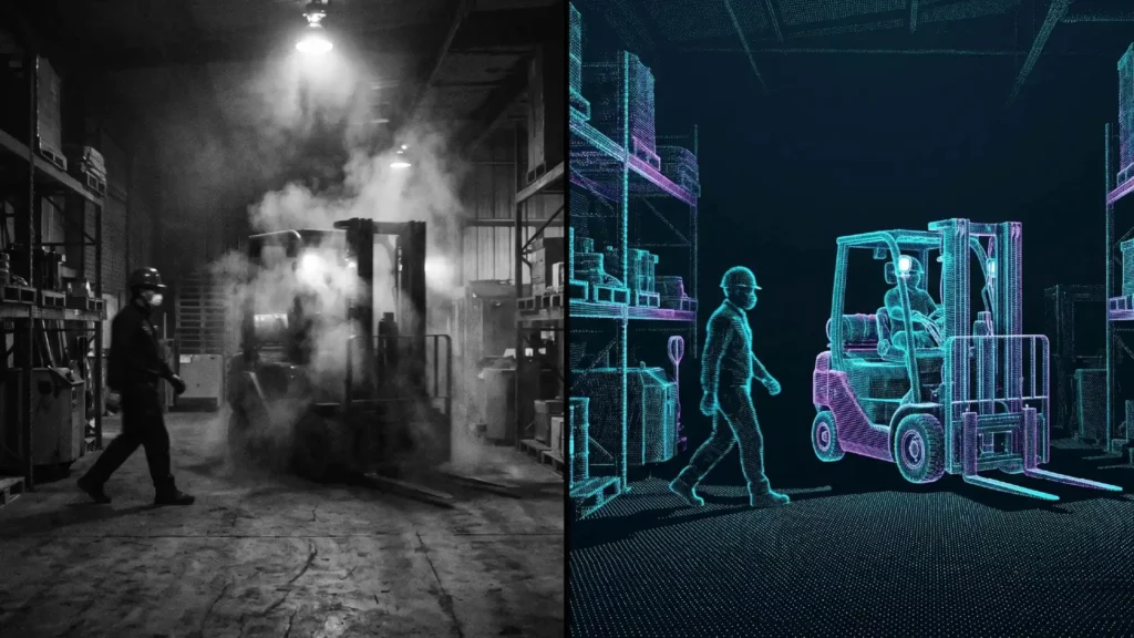 Side-by-side comparison of a forklift in a smoke-filled warehouse: a traditional 2D safety camera sees only a dark blur while a Cratus 3D LiDAR point cloud clearly detects the forklift and a nearby pedestrian.