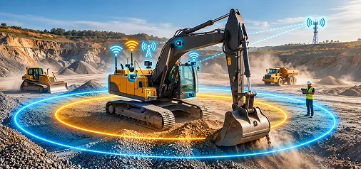 Excavator on a job site surrounded by a glowing safety perimeter, with connected sensors tracking nearby workers and vehicles