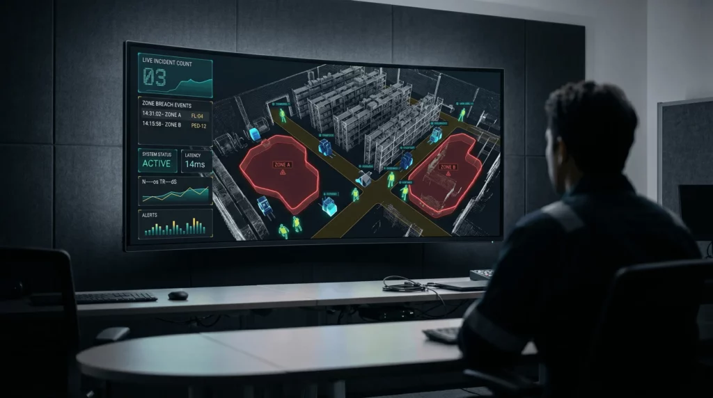 Operator monitoring a real-time Cratus edge-AI 3D LiDAR safety dashboard with dynamic red exclusion zones around heavy equipment in an industrial control room.