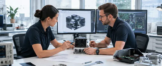 Two engineers reviewing CAD models and printed circuit board hardware at an engineering workstation
