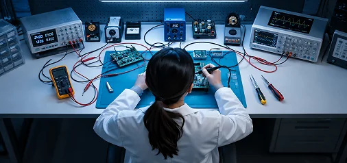 Engineer assembling and testing a PCB at an electronics workbench with oscilloscope, multimeter and soldering station