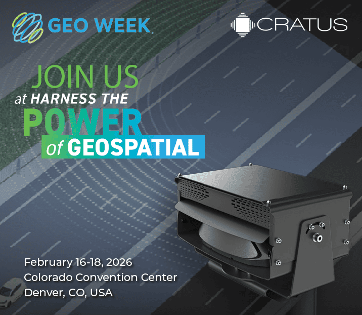 Cratus booth invitation for Geo Week 2026, February 16-18, at Colorado Convention Center, Denver. Harness the Power of Geospatial.