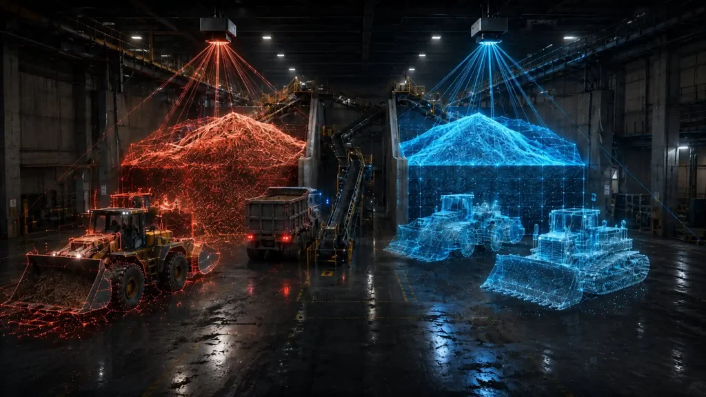 LiDAR point-cloud visualization of CRATUS heavy equipment rejection algorithms isolating a front-end loader and bulldozer from bulk material stockpile volume data inside an industrial bunker