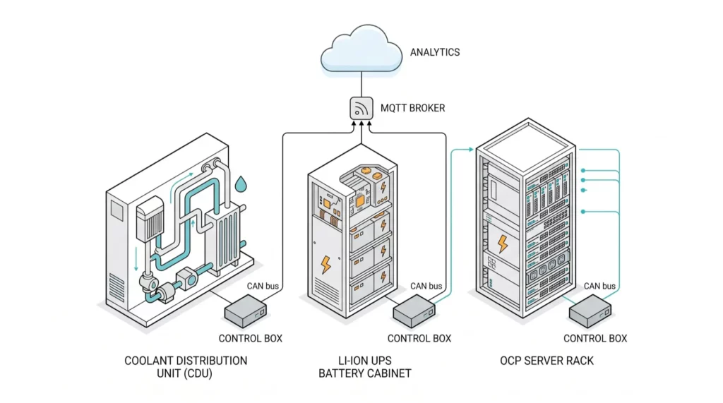 Architecture diagram of the CRATUS ICL8-WC182 control board: dual CAN FD channels at 2 Mbps, Cortex-M7 at 480 MHz, ESP32-S3 Wi-Fi and ESP-NOW radios bridging CDU/UPS CAN buses to an MQTT analytics stack alongside the BMS.