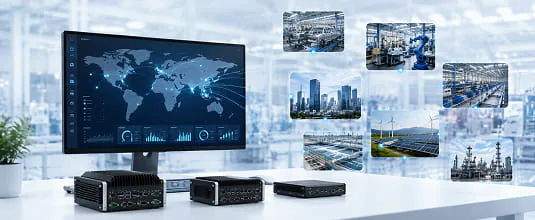 Operations dashboard showing a world map and multiple industrial sites alongside edge computing hardware
