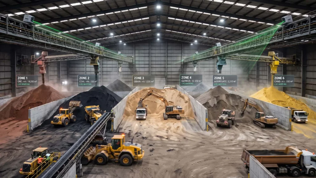 Overhead CRATUS industrial LiDAR scanners live-mapping bulk solid material volumes across six labeled storage zones — ore, coal, grain, clinker, aggregate and sand — inside an enterprise bulk storage facility