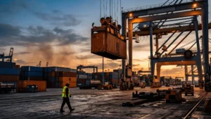 Worker in a high-visibility vest walking beside a ship-to-shore crane lifting a container at a port terminal, a high-risk blind-spot environment protected by Cratus 3D LiDAR safety systems.