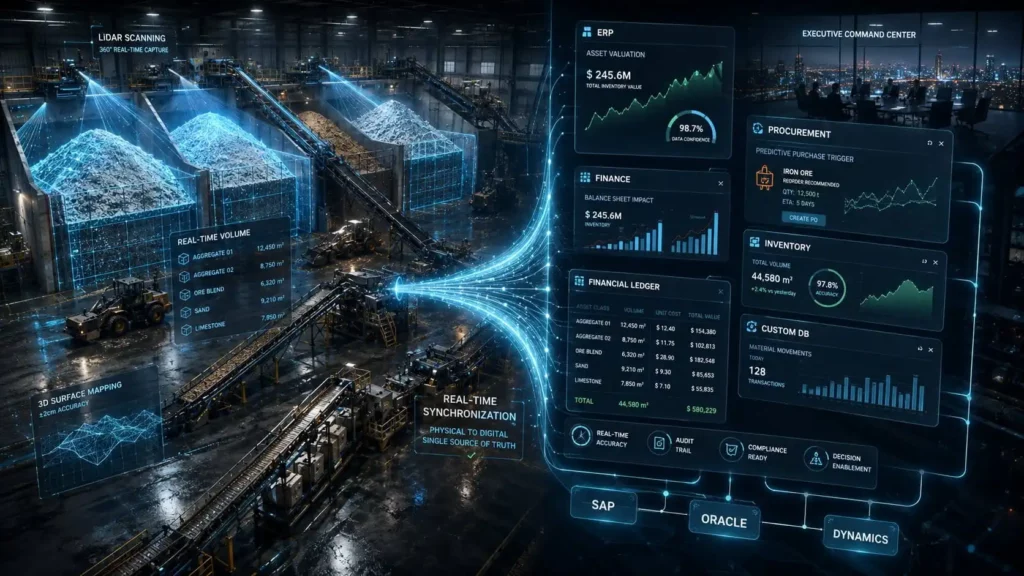 CRATUS platform streaming real-time LiDAR bulk material volume data from an industrial storage facility into enterprise ERP dashboards including SAP, Oracle and Microsoft Dynamics with asset valuation, procurement triggers and financial ledger views