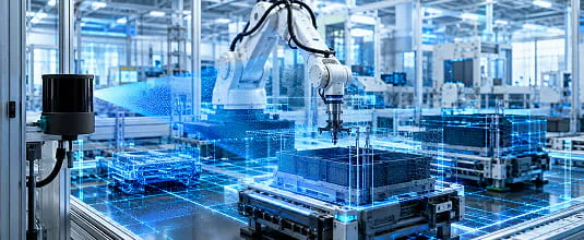 Robotic arm on a factory line with a LiDAR generated digital twin overlay of the production cell