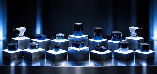 Lineup of LiDAR sensors and scanners displayed on illuminated pedestals