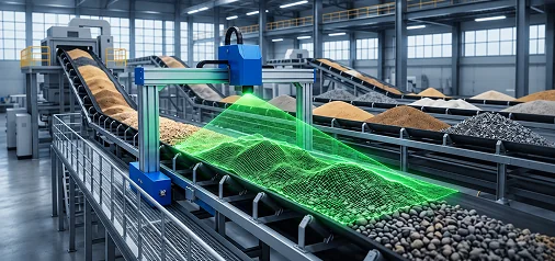 LiDAR scanner projecting a green measurement grid over bulk material on a conveyor belt inside a processing plant