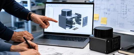 Engineer reviewing an exploded 3D CAD assembly on a laptop next to blueprints and a LiDAR unit