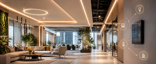 Modern commercial building interior with integrated smart lighting and a wall mounted control panel