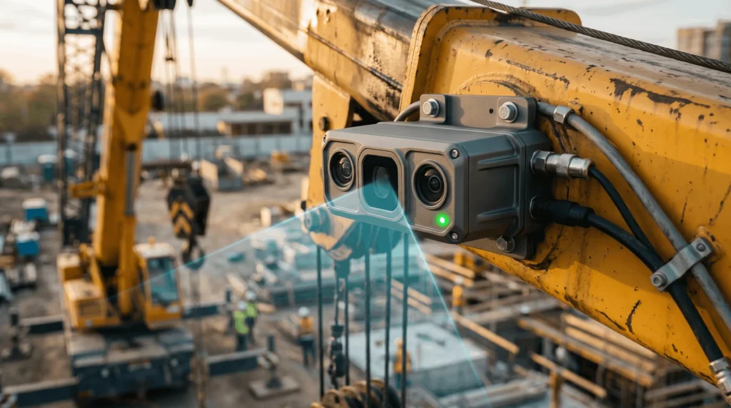 Cratus SOHO 3D LiDAR sensor mounted on the boom of a crane at a construction site, scanning blind spots to prevent collisions with workers.