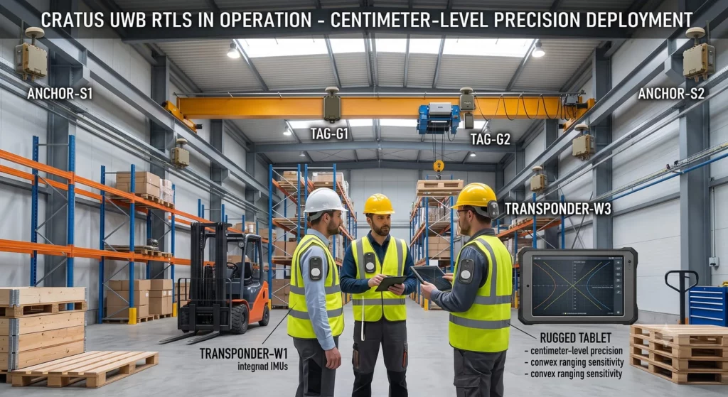 CRATUS UWB RTLS in operation: a centimeter-level precision deployment in a warehouse with stationary anchors, mobile transponders, and kinematically constrained tags