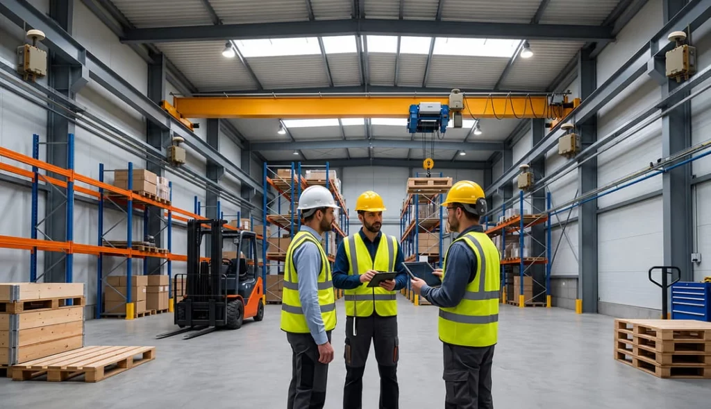 Engineering team reviewing a UWB RTLS asset-tracking deployment on a tablet in a warehouse with anchors, forklift, and pallet racking
