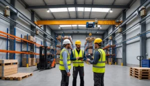 Engineering team reviewing a UWB RTLS asset-tracking deployment on a tablet in a warehouse with anchors, forklift, and pallet racking