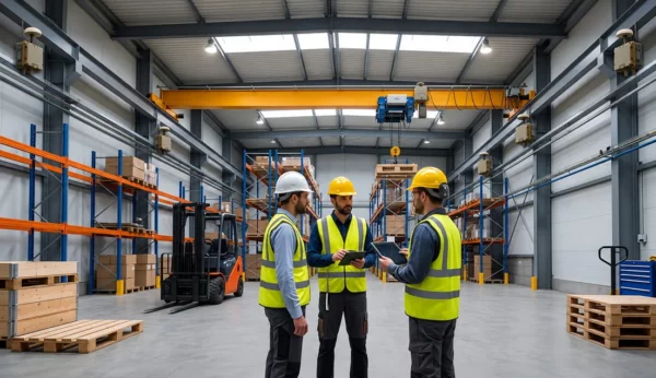 Engineering team reviewing a UWB RTLS asset-tracking deployment on a tablet in a warehouse with anchors, forklift, and pallet racking