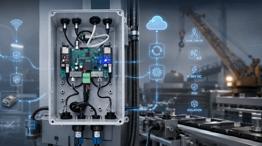 CRATUSTECH ICL8-WC182 Wireless Dual CAN Bus Bridge control board with CAN FD, galvanic isolation, and 9–36 V industrial power input for connected systems