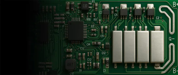 Close-up of a custom battery management system circuit board with shunt resistors