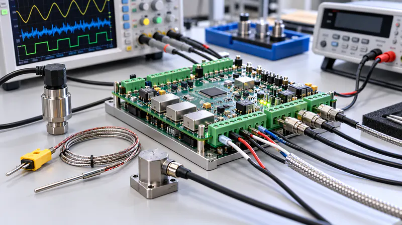 Data acquisition board connected to thermocouples, pressure and load sensors on a lab bench with an oscilloscope