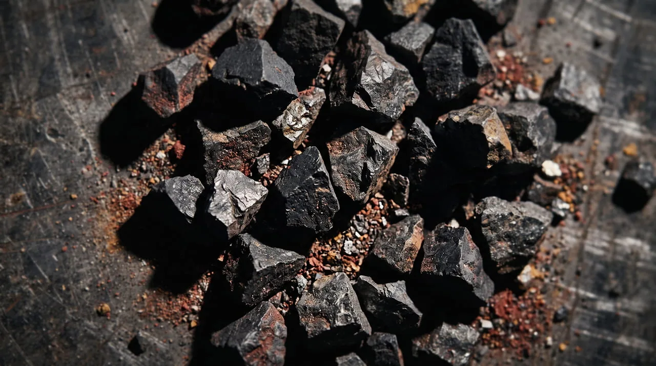 Close-up of dark crushed ore fragments that reflect little light
