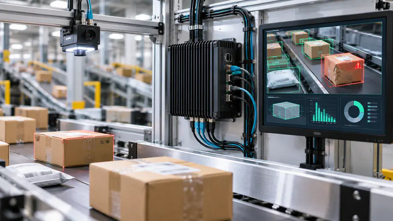 Edge computer analyzing packages on a conveyor with an AI inspection display