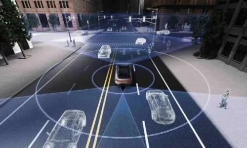 ADAS application example showing LiDAR detection capabilities for urban traffic scenarios with real-time object recognition of vehicles and pedestrians
