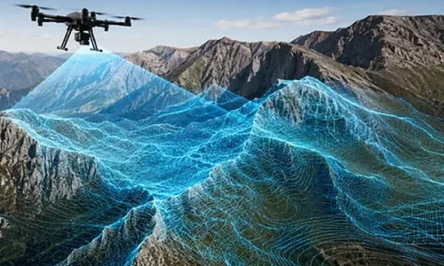 Survey drone flying over mountains projecting a blue LiDAR point cloud to capture topographic terrain