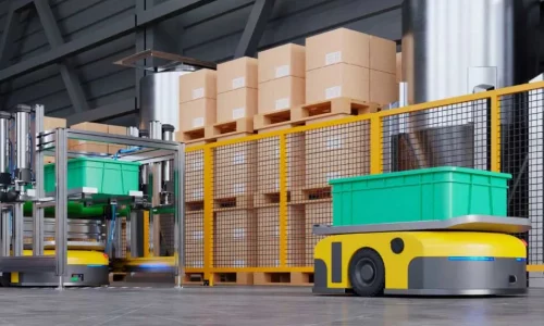 Yellow autonomous mobile robot with green container navigating warehouse using Hesai JT series LiDAR sensor