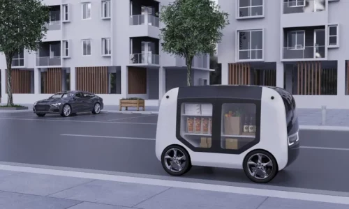 White autonomous delivery robot with transparent cargo compartment on urban street using JT series LiDAR navigation