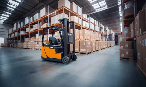 Orange autonomous forklift operating in warehouse aisle with pallet racks using JT series LiDAR guidance system