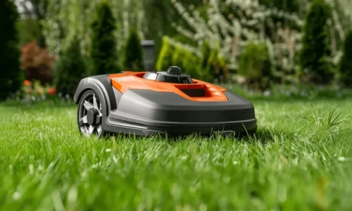 Orange and gray robotic lawn mower operating on grass with JT series LiDAR sensor for obstacle detection