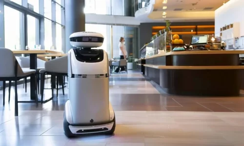 White autonomous service robot navigating restaurant interior with JT series LiDAR navigation system