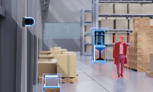 Warehouse safety system with wall-mounted JT series sensors detecting worker and forklift using blue and red detection zones