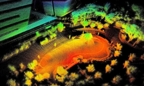 Heat-mapped 3D point cloud visualization of outdoor environment showing Hesai JT16 LiDAR's 200-meter scan diameter with distance-coded colors from green to red