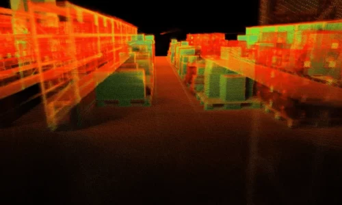 Heat-mapped 3D point cloud visualization showing warehouse corridor with distance-coded objects in red, orange and green using JT series LiDAR sensor