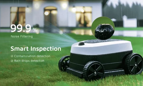 White and black robotic lawn mower on wet grass demonstrating Hesai JT16 LiDAR's rain detection and contamination detection capabilities
