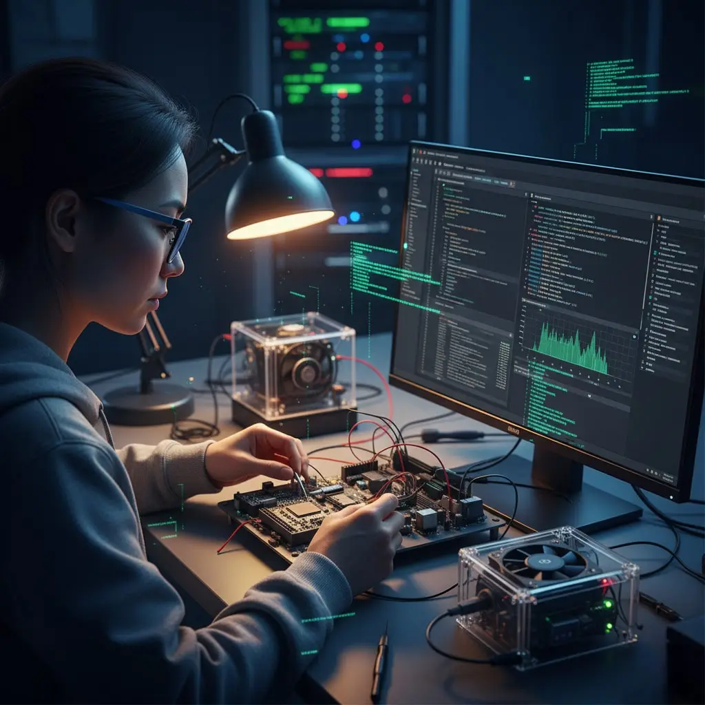 Engineer working on embedded firmware development with microcontroller boards and code editor on multiple screens